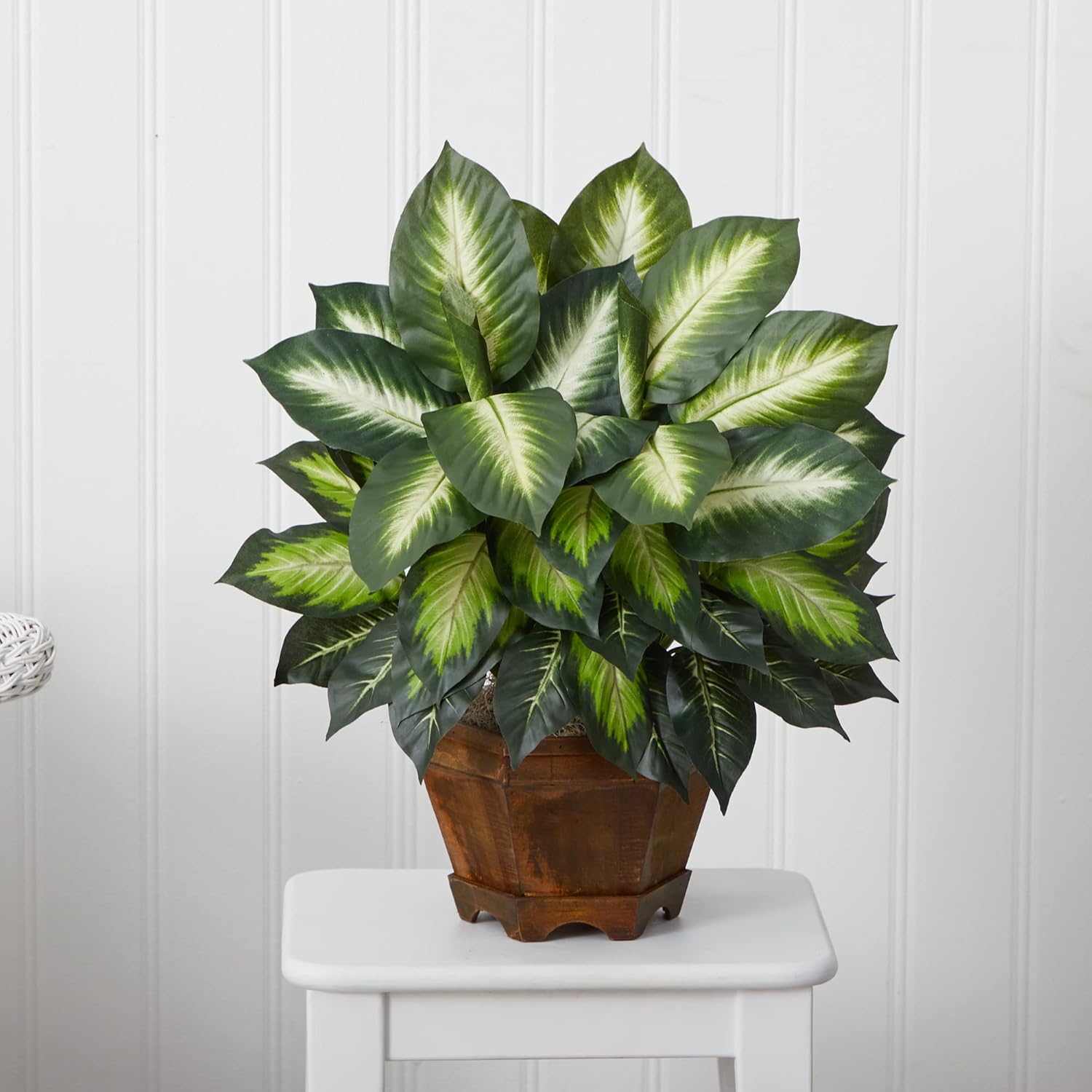 Artificial Dieffenbachia Plant with Decorative Wooden Planter - Image 6