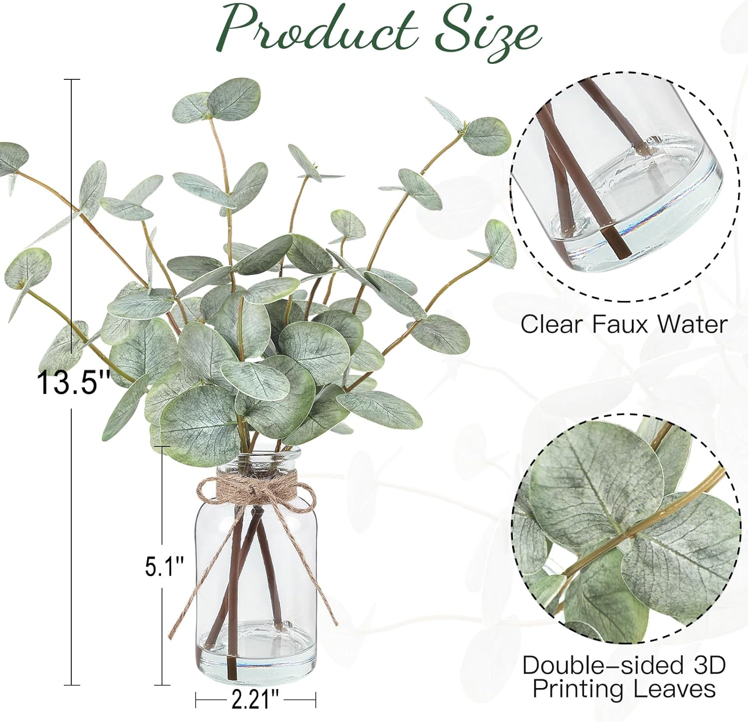 Artificial Green Eucalyptus Stems in Clear Glass Vase with Faux Water - Image 3