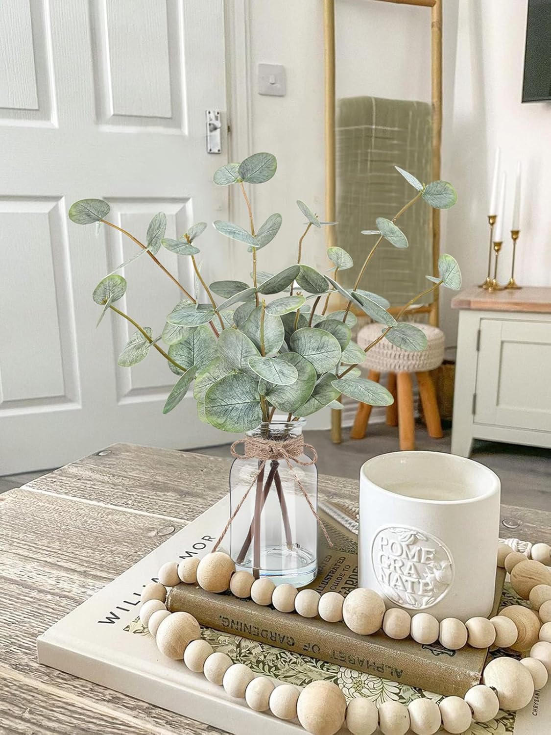 Artificial Green Eucalyptus Stems in Clear Glass Vase with Faux Water - Image 8