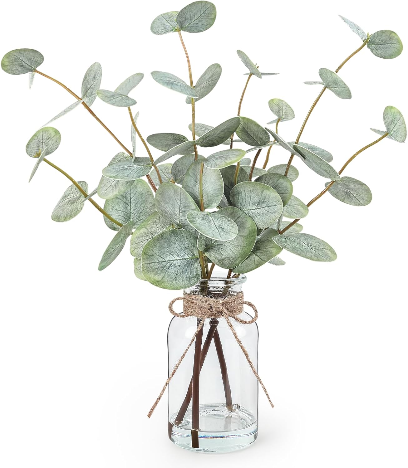 Artificial Green Eucalyptus Stems in Clear Glass Vase with Faux Water