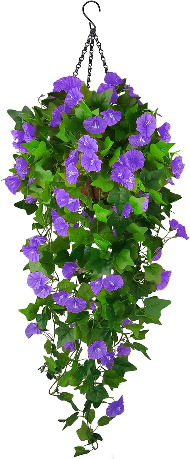Artificial Purple Morning Glory Hanging Basket with Green Foliage - Image 8