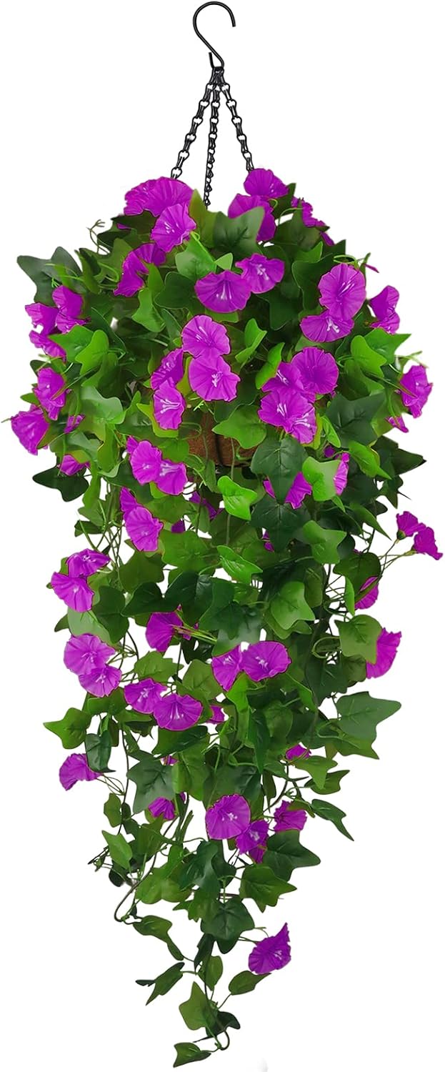 Artificial Purple Morning Glory Hanging Basket with Green Foliage