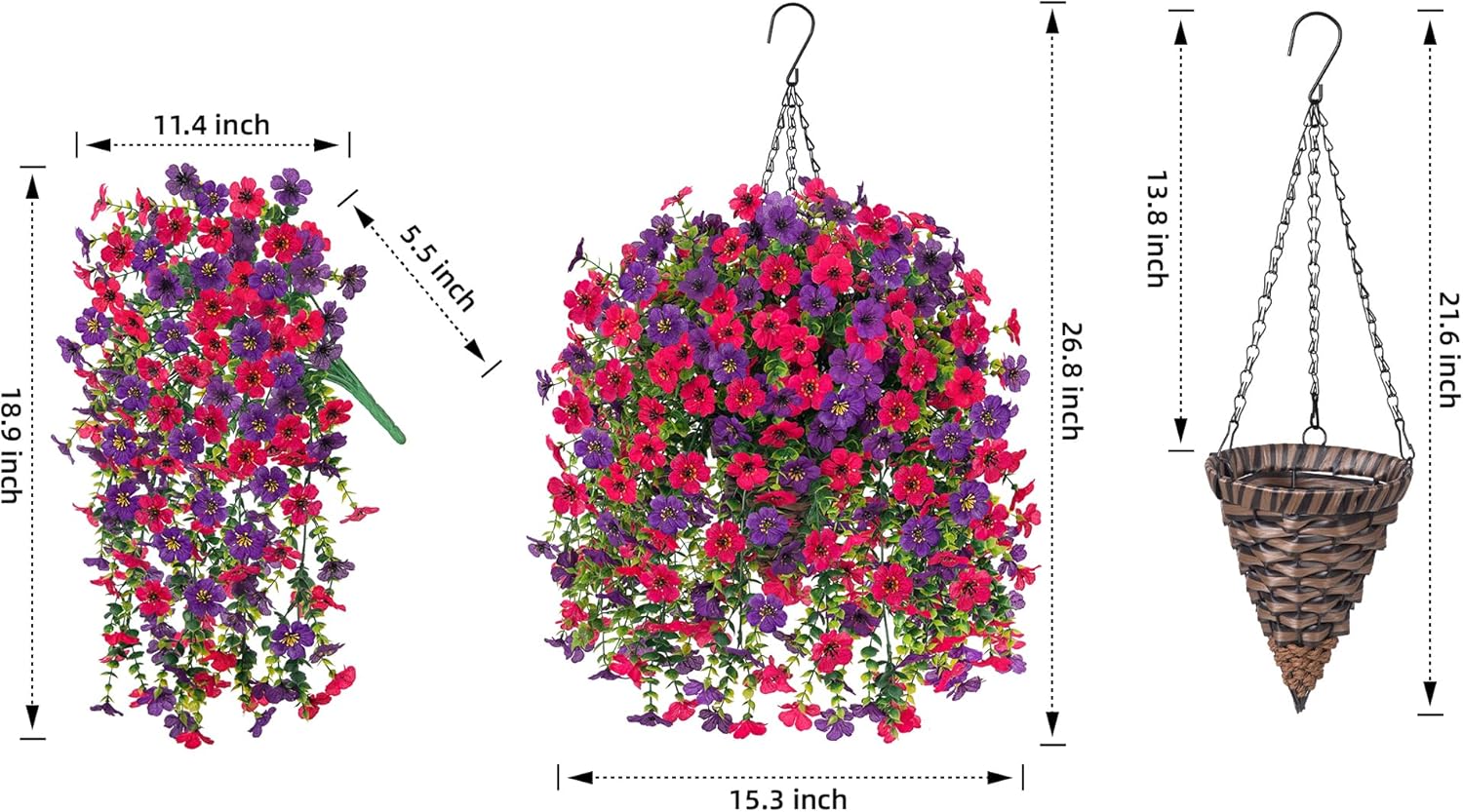 Dark Purple Hot Pink Artificial Hanging Flowers Basket - Image 3