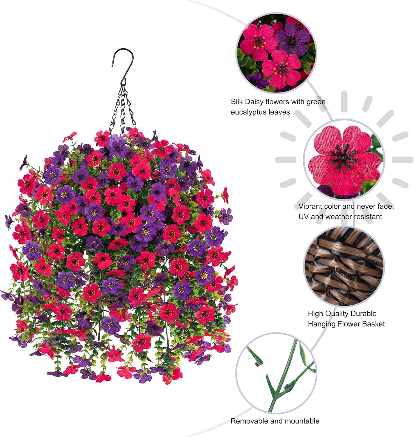 Dark Purple Hot Pink Artificial Hanging Flowers Basket - Image 4