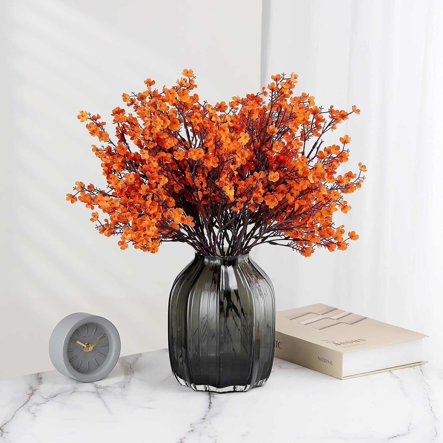 Jaky-global Babys Breath Orange Silk Artificial Flowers 6 Bundle European Fake Silk Plants Decor Wedding Party Farmhouse Decoration Bouquets Real - Image 2