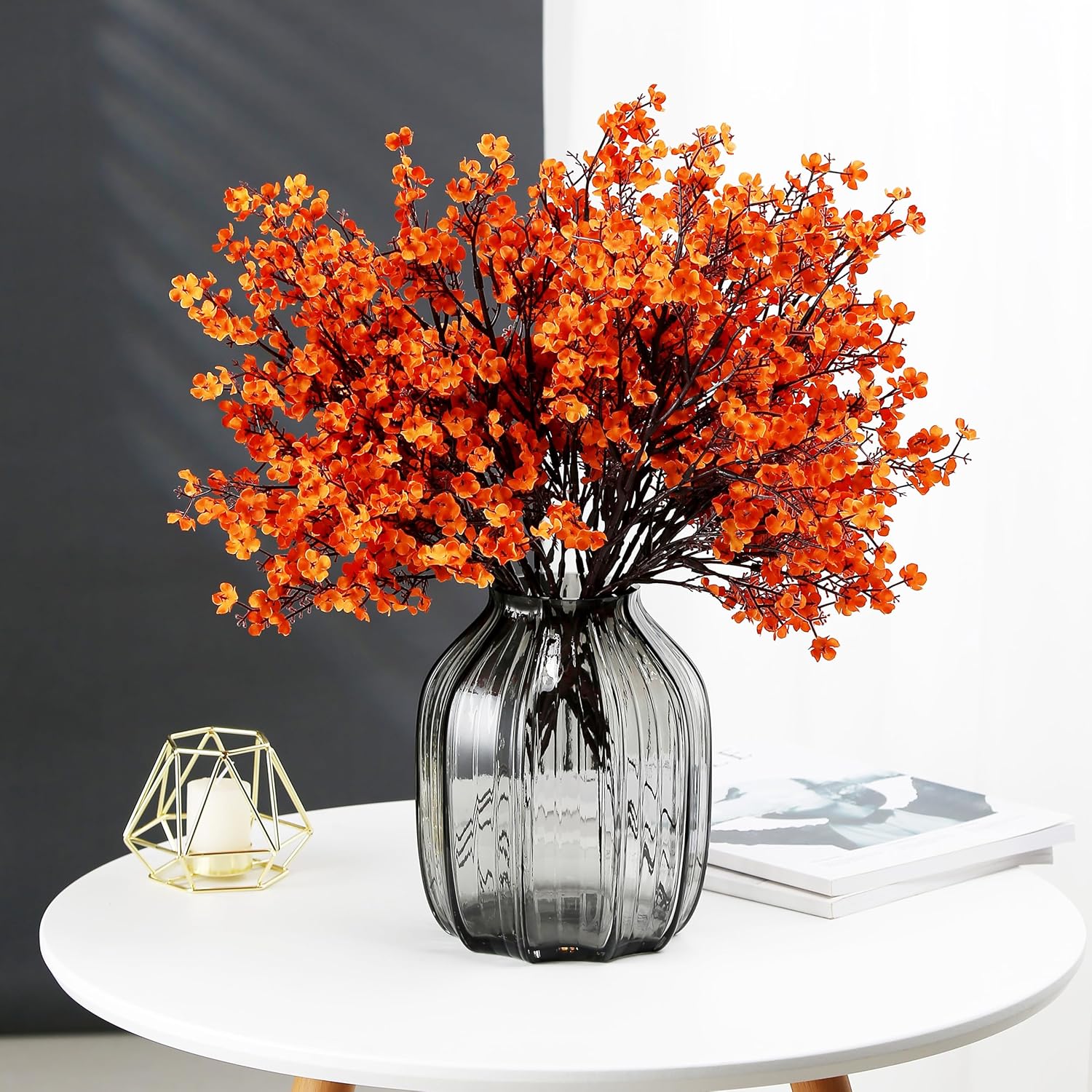 Jaky-global Babys Breath Orange Silk Artificial Flowers 6 Bundle European Fake Silk Plants Decor Wedding Party Farmhouse Decoration Bouquets Real - Image 3